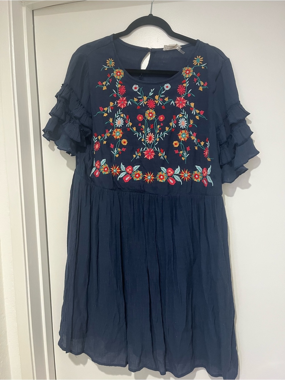 Navy Blue Floral Embroidery Dress Ruffle Sleeve Lined